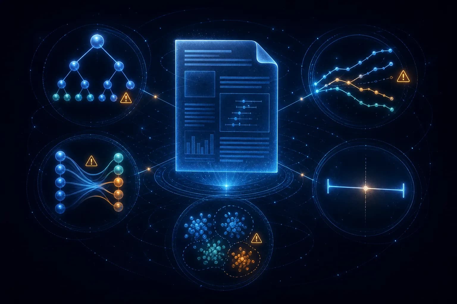 Research paper surrounded by five abstract statistical diagnostic signals