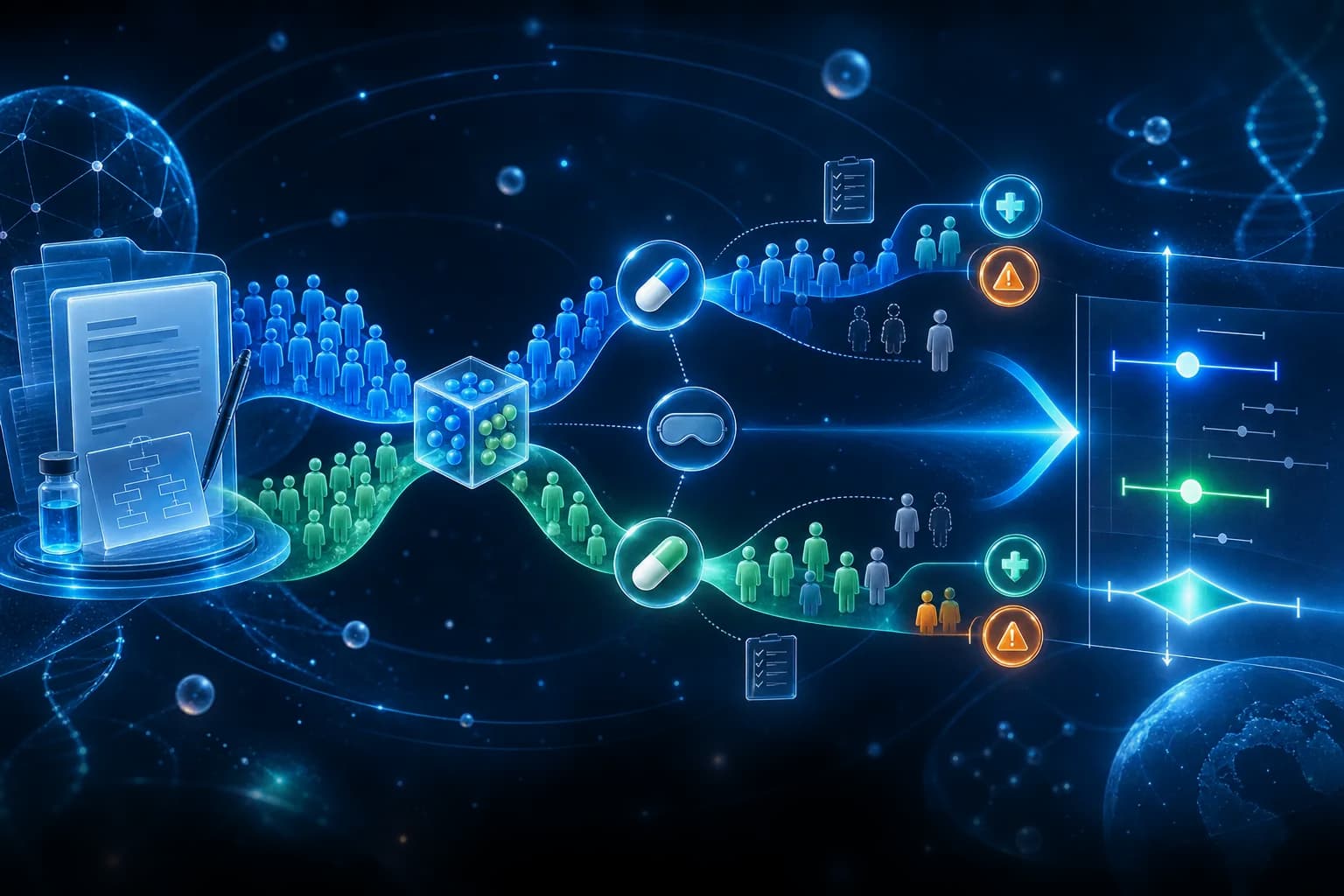Abstract randomized trial flow leading to treatment-effect estimates and confidence intervals